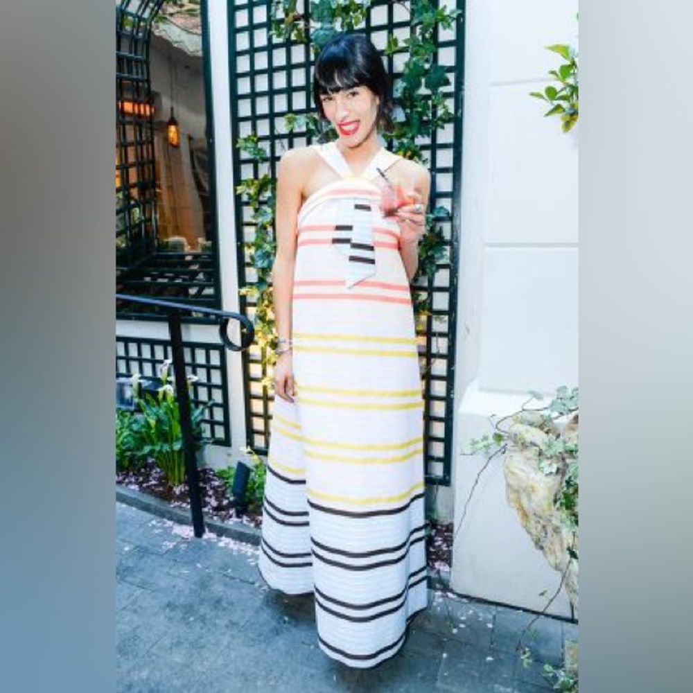 SUNO White Halter Maxi Dress with Coral, Yellow & Black Stripes